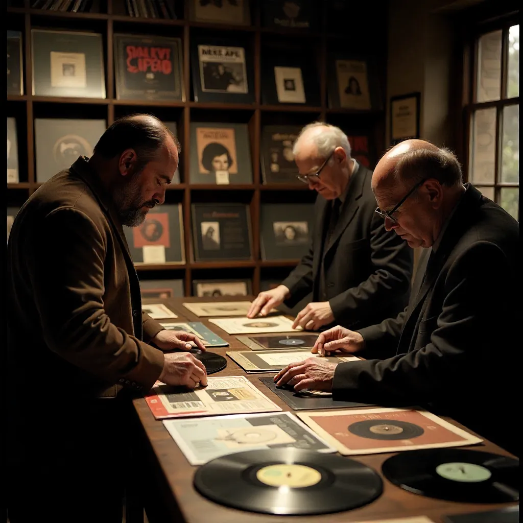 Vinyl record trading scene with collectors